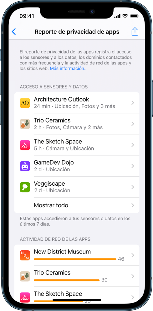 Un reporte de privacidad de apps mostrando información sobre cinco apps de la categoría “Acceso a sensores y datos”, así como información sobre tres apps para la categoría “Actividad de red de las apps”.