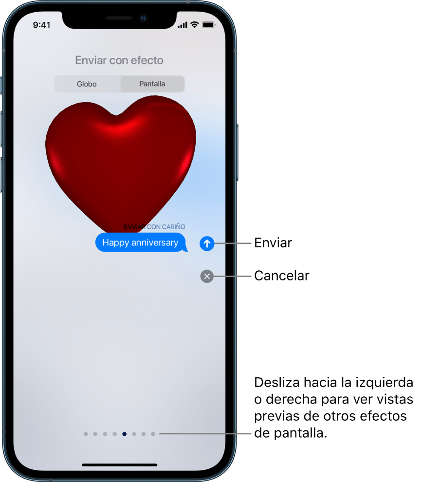 Una previsualización de un mensaje mostrando un efecto en pantalla completa con un corazón rojo.