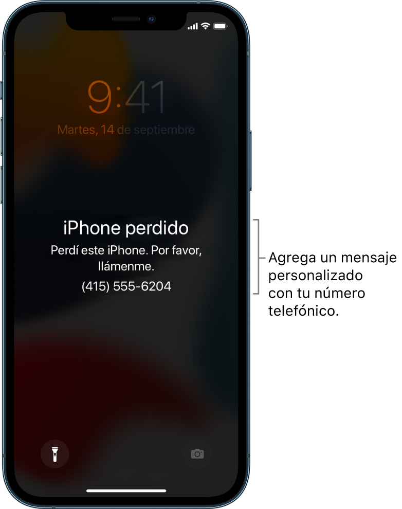 La pantalla bloqueada de un iPhone con el mensaje: “iPhone perdido. Perdí este iPhone. Por favor, llámenme. +52 (55) 5209 1166.” Puedes agregar un mensaje personalizado con tu número telefónico.