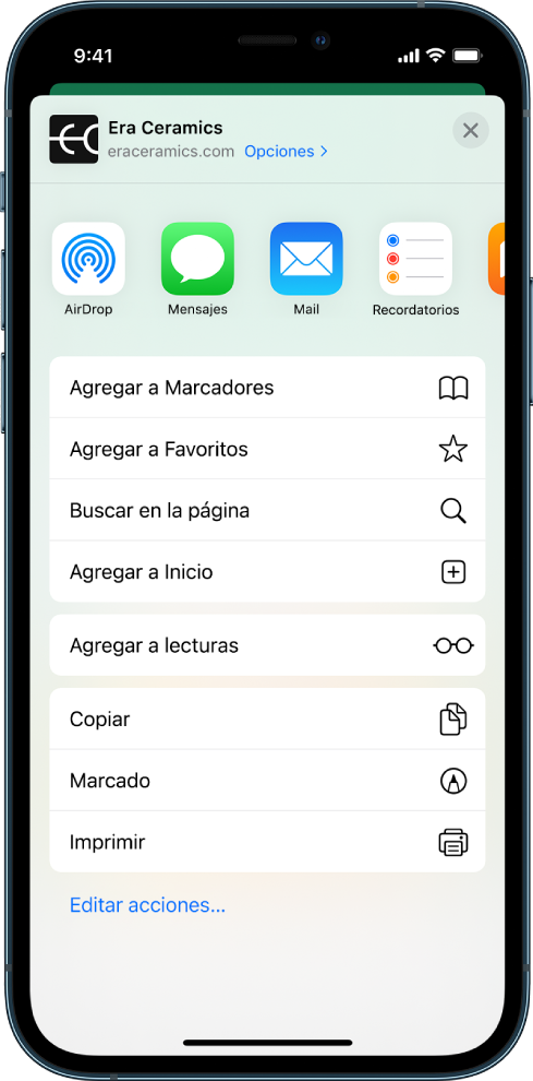 El menú Compartir. A lo largo de la parte superior están las apps que se pueden usar para compartir enlaces. Debajo hay una lista con otras opciones, incluyendo Agregar marcador, Agregar a Favoritos, Buscar en la página, Agregar a Inicio y Agregar a lecturas.