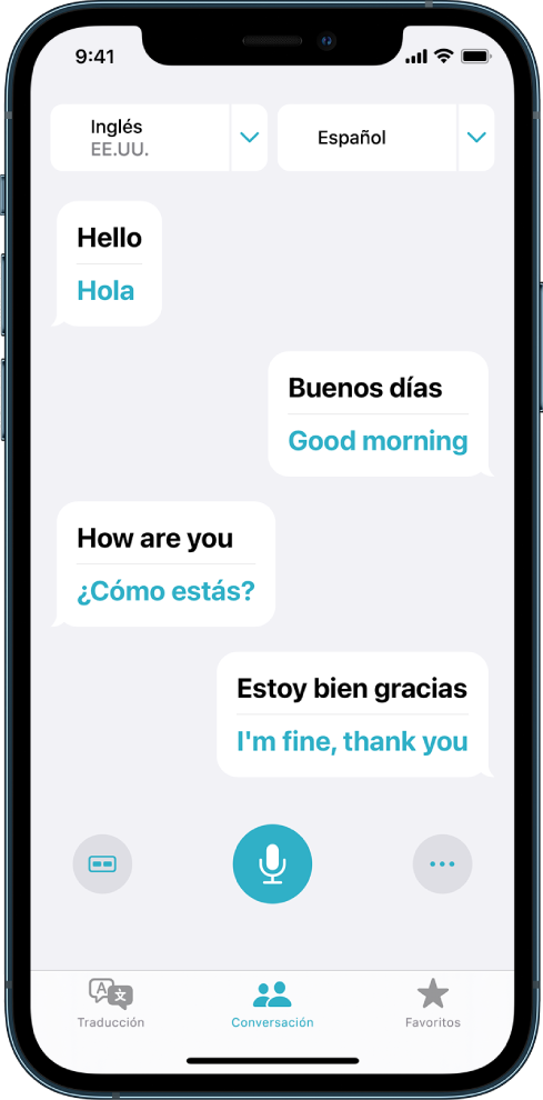 La pestaña Conversación mostrando globos de mensajes y sus traducciones.