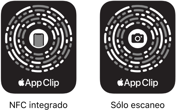 A la izquierda, un código de App Clip con NFC integrado con un ícono de iPhone en el centro. A la derecha, un código de App Clip de escaneo con un ícono de cámara en el centro.