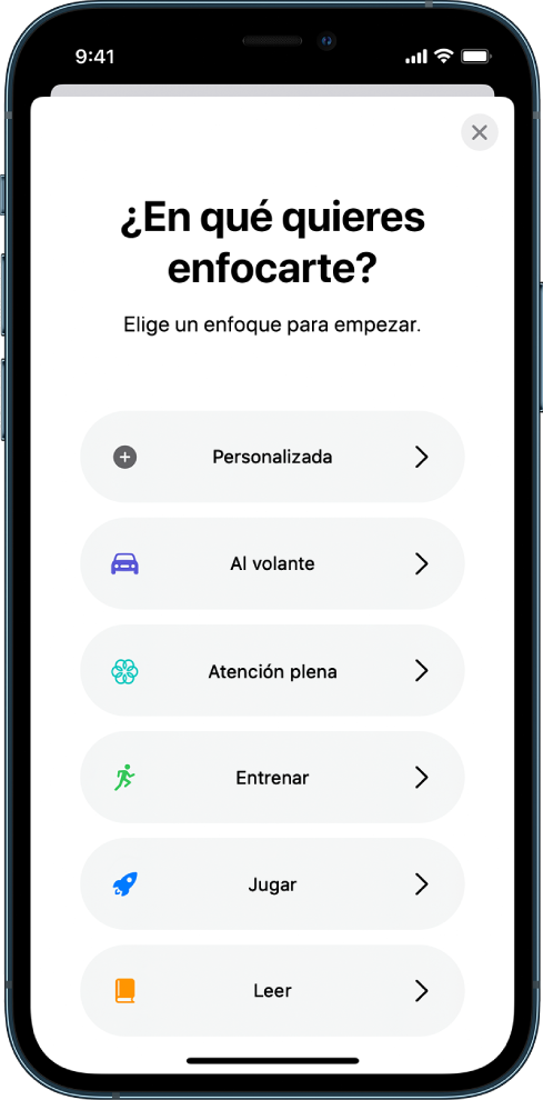 Pantalla de configuración de un enfoque para las opciones de uno de los enfoques adicionales proporcionados, incluyendo Al volante, Entrenamiento, Juegos, Atención plena y Lectura.