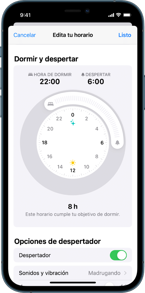 Una pantalla mostrando la hora de dormir configurada para las 10 de la noche el día actual, y un despertador programado para las 6 de la mañana del día siguiente. El despertador está activado y el sonido de la alarma está definido a Madrugando.