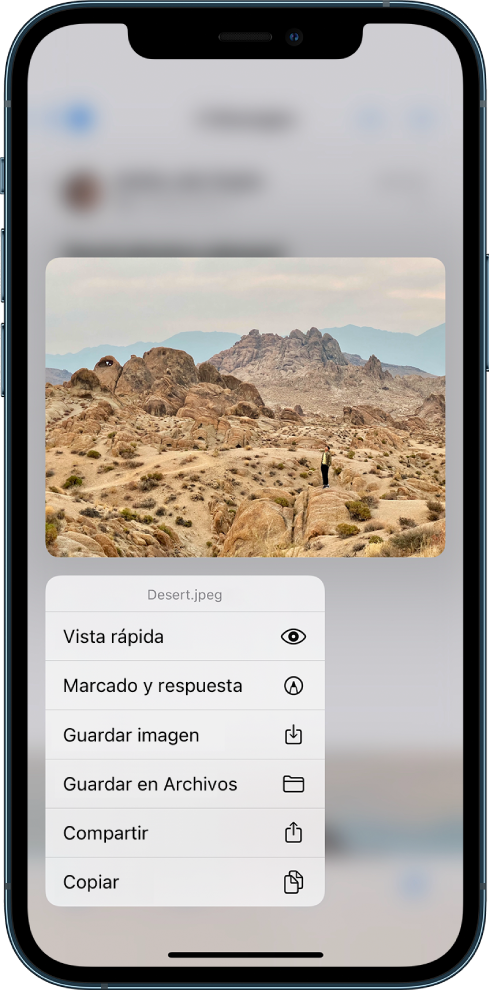 Hay un archivo adjunto seleccionado con una lista de posibles acciones. Las opciones incluyen Vista rápida, Marcado y respuesta, Guardar imagen, Guardar en Archivos, Compartir y Copiar.
