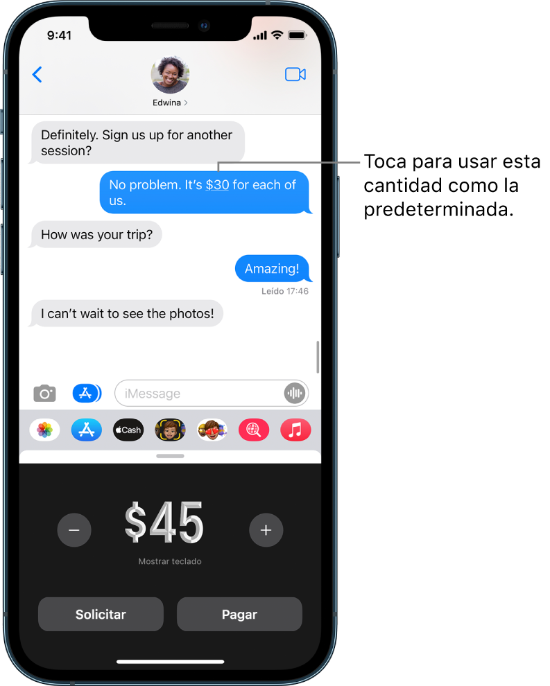 Conversación de iMessage con la app Apple Pay abierta en la parte inferior.