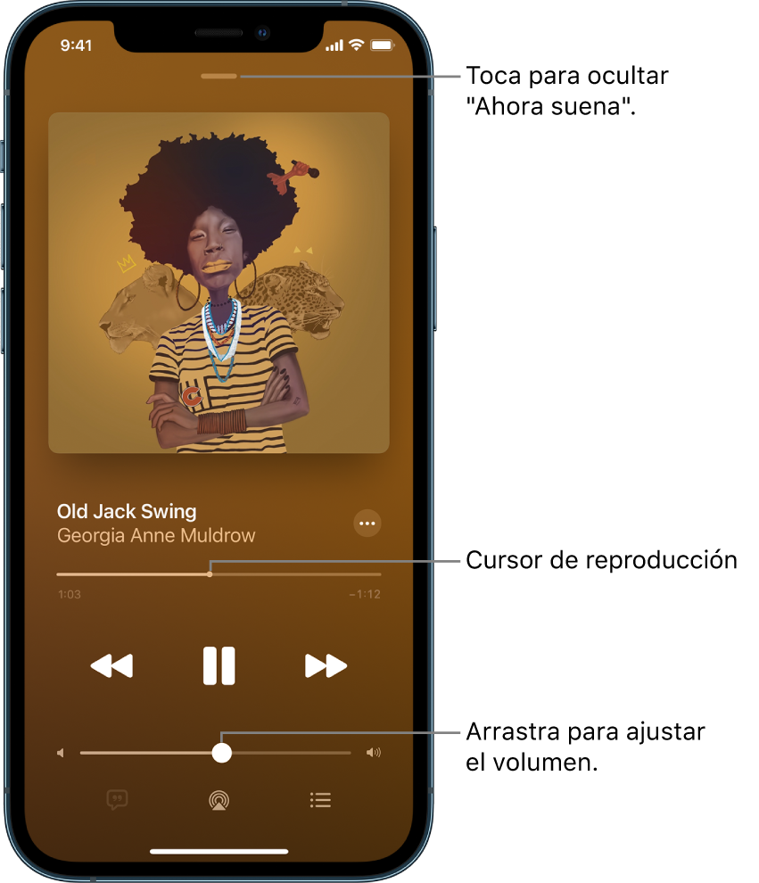 La pantalla "Ahora suena" mostrando la ilustración del álbum. Debajo se encuentra el nombre de la canción, el nombre del artista, el botón Más, el cursor de reproducción, los controles de reproducción, el regulador del volumen, el botón para ver la letra de la canción, el botón "Destino de la reproducción" y el botón Fila. El botón "Ocultar ahora suena" se sitúa en la parte superior.