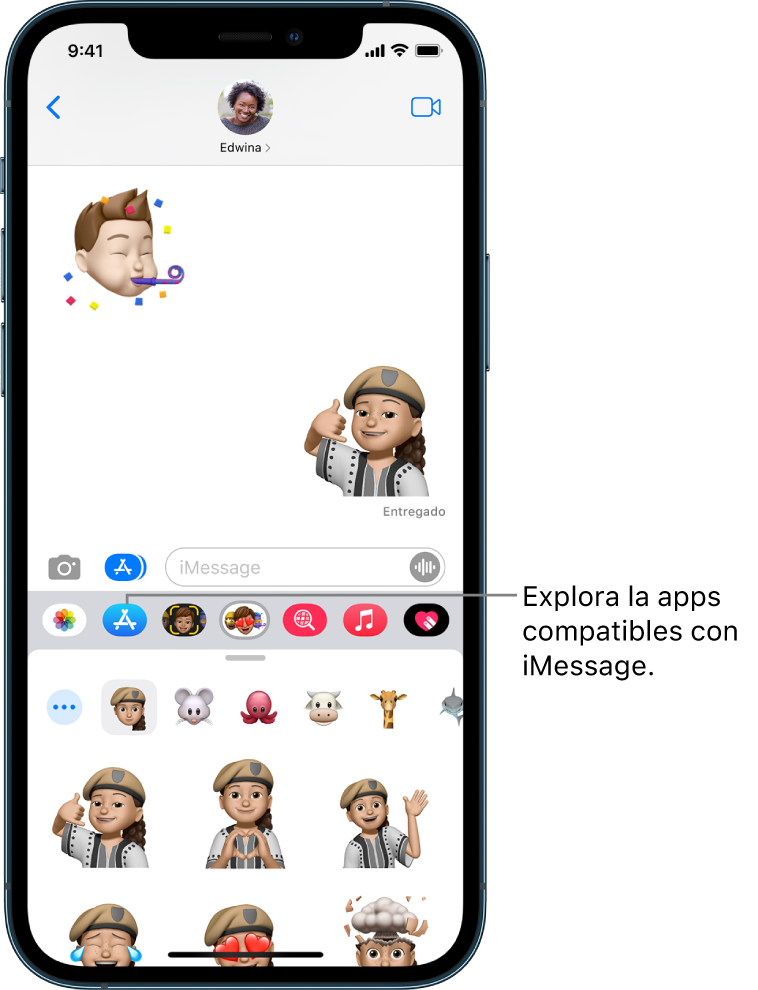 Una conversación de Mensajes con el botón "Explorador de apps" de iMessage seleccionado. El cajón de apps abierto mostrando stickers de caras.