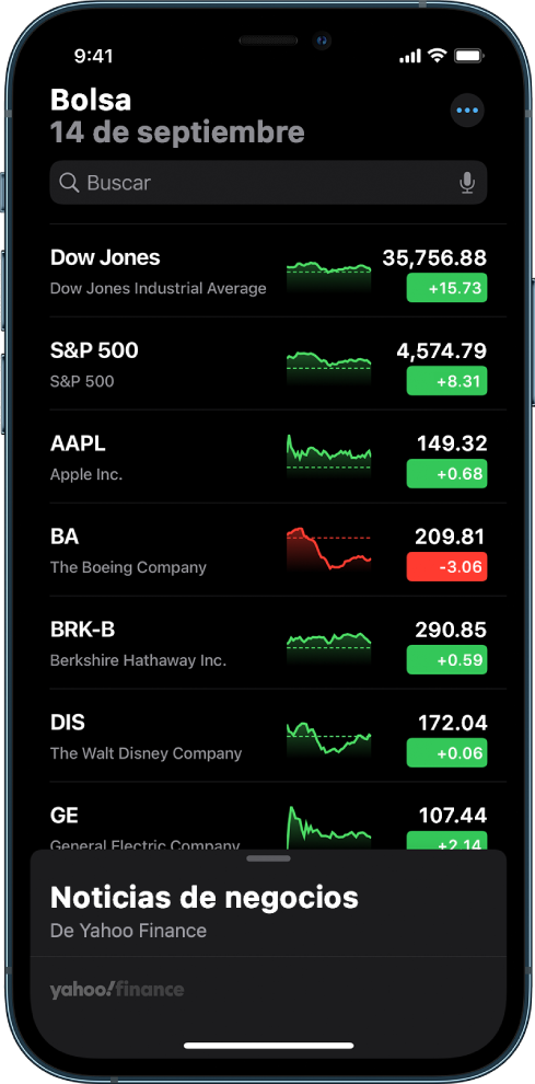 Una lista de seguimiento mostrando varias acciones. Cada acción en la lista muestra, de izquierda a derecha, el símbolo y nombre de la acción, una gráfica de rendimiento, el precio la acción y los cambios en su precio. En la parte superior de la pantalla, arriba de la lista de seguimiento, está el campo de búsqueda. Debajo de la lista de seguimiento está Business News. Desliza hacia arriba sobre Business News para ver artículos.