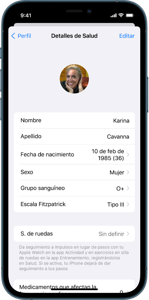La pantalla “Detalles de Salud” de una mujer de 36 años.