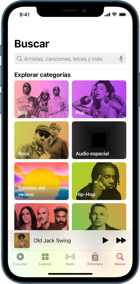 La pantalla Buscar mostrando un campo de búsqueda en la parte superior. La sección “Explorar categorías” debajo muestra ocho categorías.