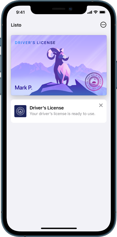 Una licencia para manejar en Wallet. El botón Listo se encuentra en la esquina superior izquierda y el botón Más está en la esquina superior derecha.