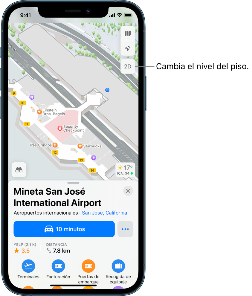 Un mapa del interior de la terminal de un aeropuerto. El mapa muestra los negocios y las puertas de abordaje.