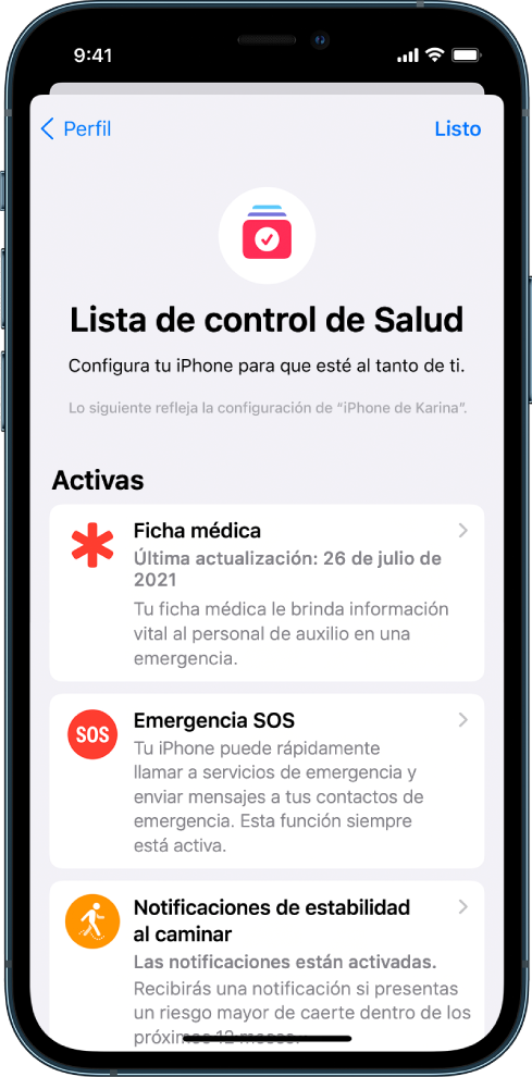 La pantalla “Lista de control” de Salud mostrando que las funciones de ficha médica y Emergencia SOS están activadas.