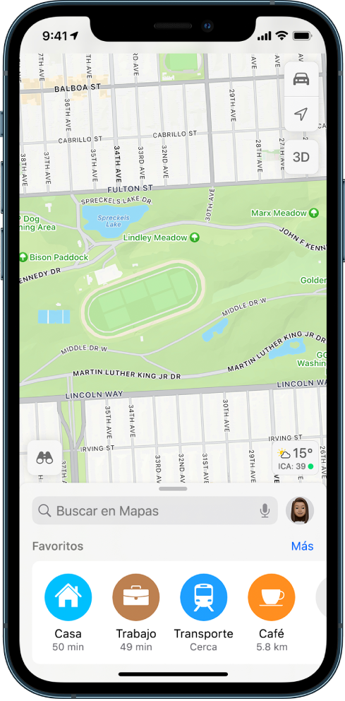 Un mapa de un parque y cuatro lugares favoritos en la parte inferior de la pantalla. Los favoritos son Casa, Trabajo, Transporte público y Cafetería.