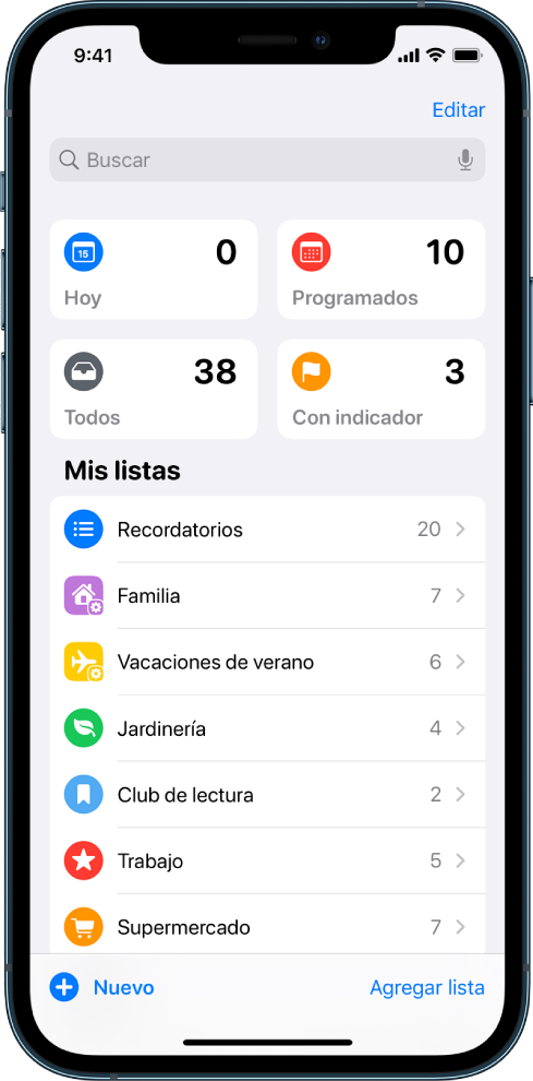 Una pantalla mostrando varias listas en Recordatorios. El campo de búsqueda está en la parte superior de las listas inteligentes de los recordatorios que vencen el día actual, los recordatorios programados, todos los recordatorios y los recordatorios que tienen indicador. El botón “Agregar lista” se encuentra en la parte inferior derecha.