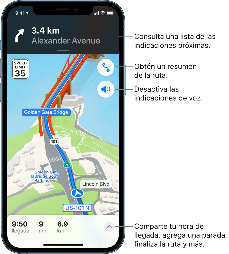 Un mapa mostrando indicaciones en auto sobre un puente.