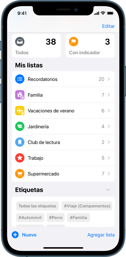Una pantalla mostrando varias listas en Recordatorios. El explorador de etiquetas está en la parte inferior.