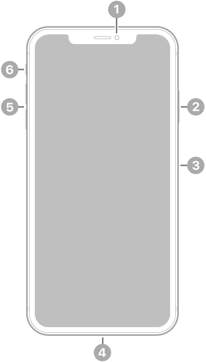 Vista frontal del iPhone XS Max. La cámara frontal está en la parte superior central. En el lateral derecho, de arriba a abajo, se encuentran el botón lateral y la bandeja de la tarjeta SIM. El conector Lightning está en la parte inferior. En el lateral izquierdo, de abajo a arriba, se encuentran los botones de volumen y el interruptor de tono/silencio.