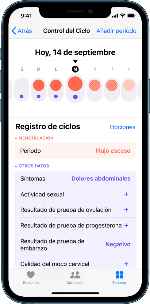 Pantalla “Control del Ciclo” en la app Salud.