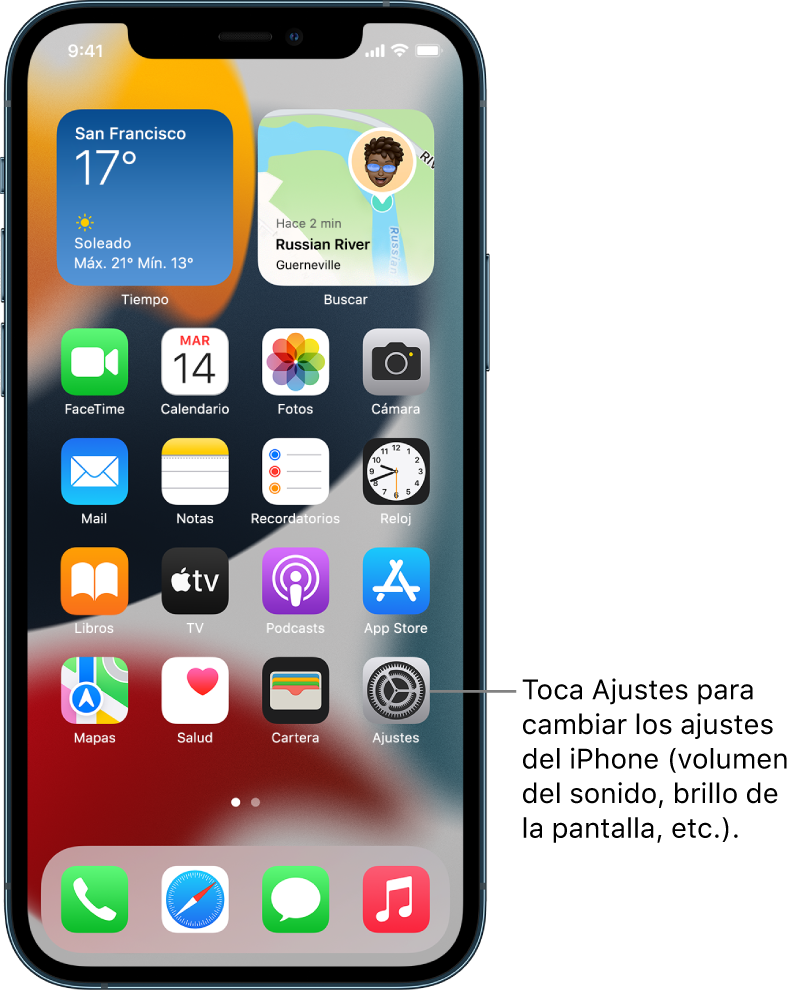 Pantalla de inicio con varios iconos de las apps, entre ellos el icono de la app Ajustes, que puedes tocar para modificar el volumen o el brillo de la pantalla del iPhone, entre otros ajustes.