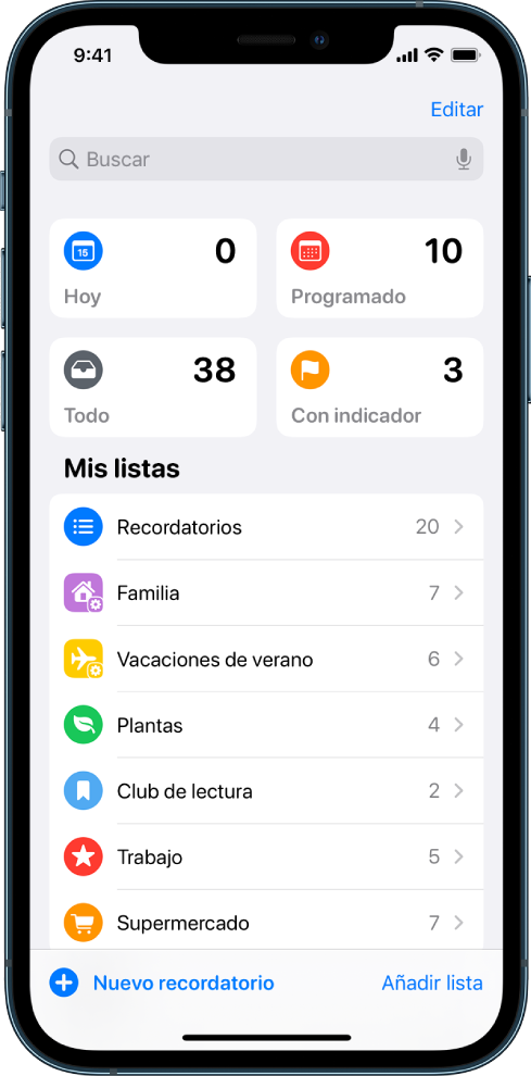 Pantalla con varias listas en Recordatorios. El campo de búsqueda aparece en la parte superior, encima de las listas inteligentes de los recordatorios para hoy, los recordatorios programados, todos los recordatorios y los recordatorios marcados. El botón “Añadir lista” se encuentra abajo a la derecha.