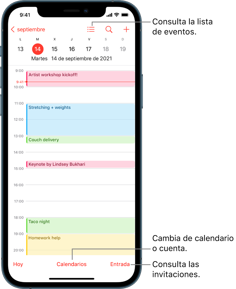 Calendario en la visualización diaria con los eventos del día. El botón Calendarios de la parte inferior de la pantalla permite cambiar las cuentas de calendarios. El botón Entrada situado en la parte inferior derecha permite ver las invitaciones.