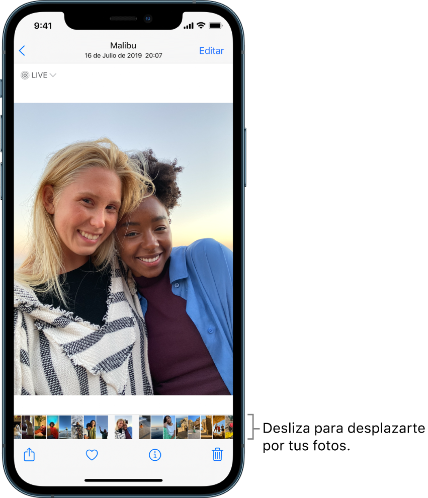 Foto con miniaturas de otras fotos en la parte inferior de la pantalla. Arriba a la izquierda hay un botón de retroceder, que te lleva a la visualización en la que estabas explorando. Abajo están los botones Compartir, “Me gusta” y Eliminar. En la parte superior derecha está el botón Editar.