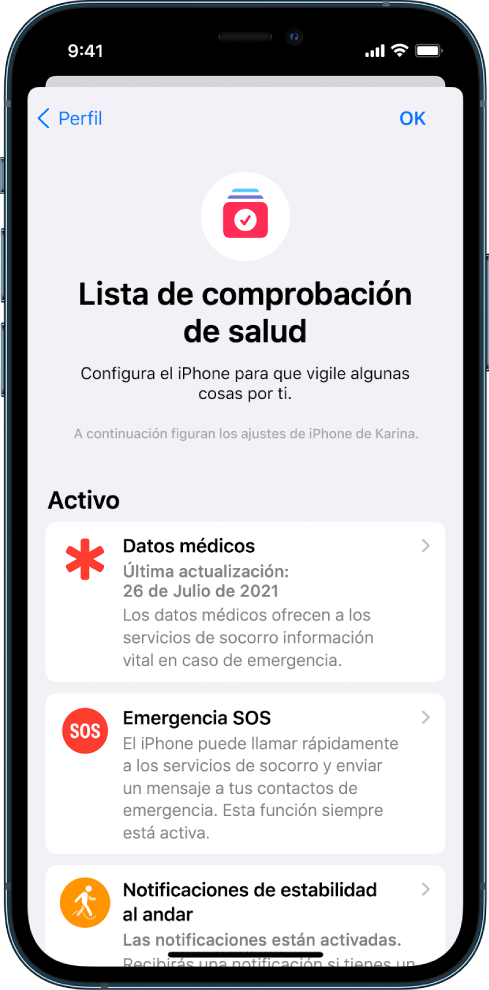 Pantalla “Lista de comprobación de salud” que muestra que “Datos médicos” y “Emergencia SOS” están activos.