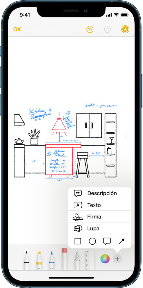 Diagrama de la reforma de una cocina con las herramientas de marcación en la parte inferior de la pantalla. En la esquina inferior derecha, aparece un menú con opciones para añadir una descripción, texto, una firma, una lupa y figuras.