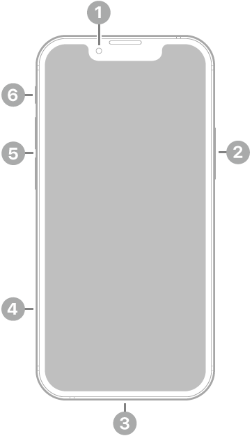 Vista frontal del iPhone 13 mini. La cámara frontal se encuentra en la parte superior central. El botón lateral está en el lado derecho. El conector Lightning está en la parte inferior. En el lado izquierdo, de abajo a arriba, se encuentran la bandeja SIM, los botones de volumen y el conmutador de tono/silencio.