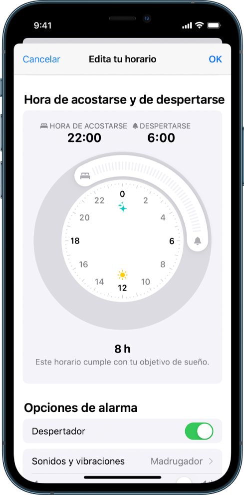 Pantalla con la hora de acostarse ajustada a las 10 p. m. de hoy y la hora de despertarse ajustada a las 6 a. m. de mañana. La alarma despertador está activada y el sonido de la alarma es Madrugador.