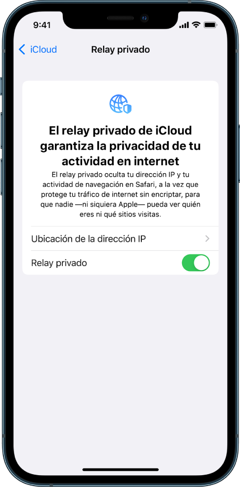 Pantalla de Ajustes para activar o desactivar el relay privado.