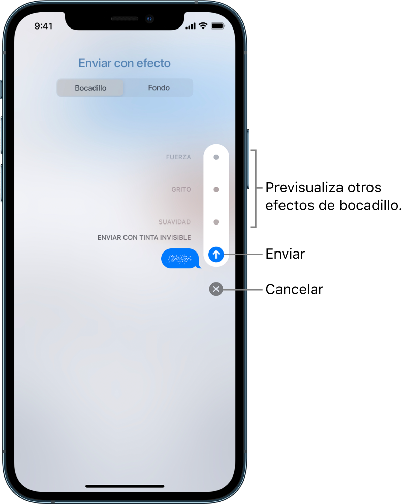 Vista previa de un mensaje con el efecto de tinta invisible. En la parte de la derecha, toca un control para previsualizar otros efectos de bocadillo. Vuelve a tocar el mismo control para enviar el mensaje o toca el botón Cancelar para volver a él.