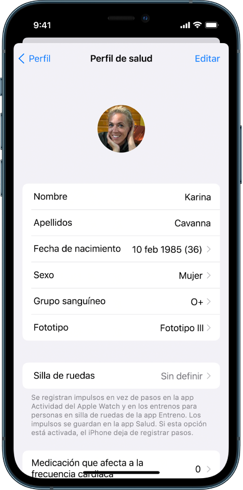 Pantalla “Perfil de salud” para una mujer de 36 años.