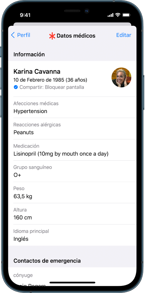 La pantalla “Datos médicos” con información como la fecha de nacimiento, afecciones médicas, medicación y un contacto de emergencia.
