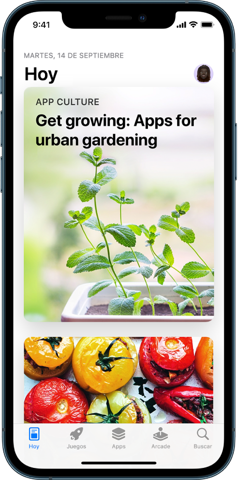Pantalla Hoy de App Store con una app y un artículo destacado. Tu foto de perfil está en la parte superior derecha. A lo largo del borde inferior, de izquierda a derecha, se muestran las pestañas Hoy, Juegos, Apps, Arcade y Buscar.