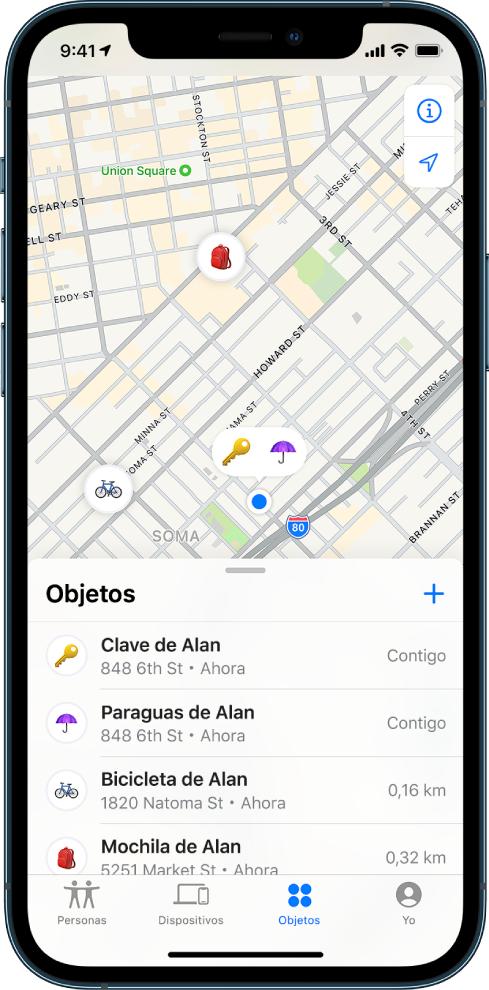 Pantalla Buscar abierta en la lista Objetos. Hay cuatro objetos en la lista: Llaves de Alan, paraguas de Alan, bici de Alan y mochila de Alan. Sus ubicaciones se muestran en un mapa de San Francisco.