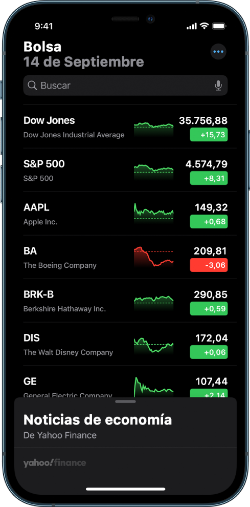Lista de favoritos con diferentes valores. Para cada valor de la lista se muestra, de izquierda a derecha, el símbolo y el nombre del valor, una gráfica de su evolución, el precio del valor y el cambio del precio. En la parte superior de la pantalla, sobre la lista de favoritos, se encuentra el campo de búsqueda. Debajo de la lista se muestra “Noticias de economía”. Desliza “Noticias de economía” hacia arriba para ver artículos.