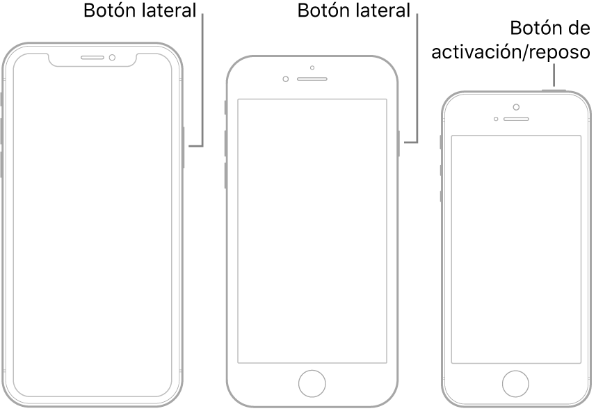 El botón lateral o de activación/reposo en tres modelos de iPhone diferentes.