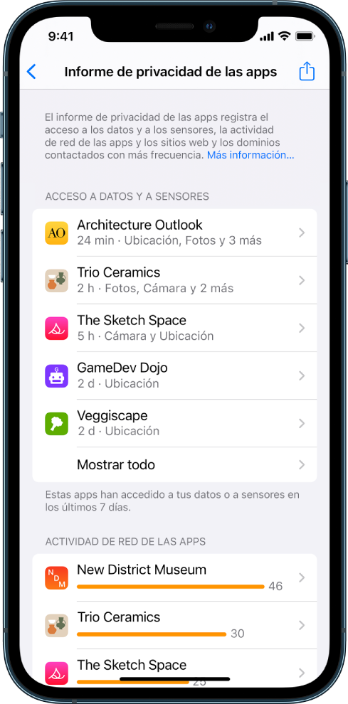 Un informe de privacidad de las apps con información de cinco apps sobre la categoría “Acceso a datos y a sensores” e información de tres apps sobre la categoría “Actividad de red de las apps”.