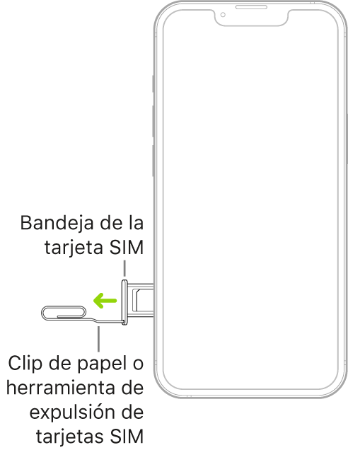 Se inserta un clip o la herramienta de extracción de SIM en el pequeño orificio de la bandeja situada en el lateral izquierdo del iPhone para expulsar y extraer la bandeja.