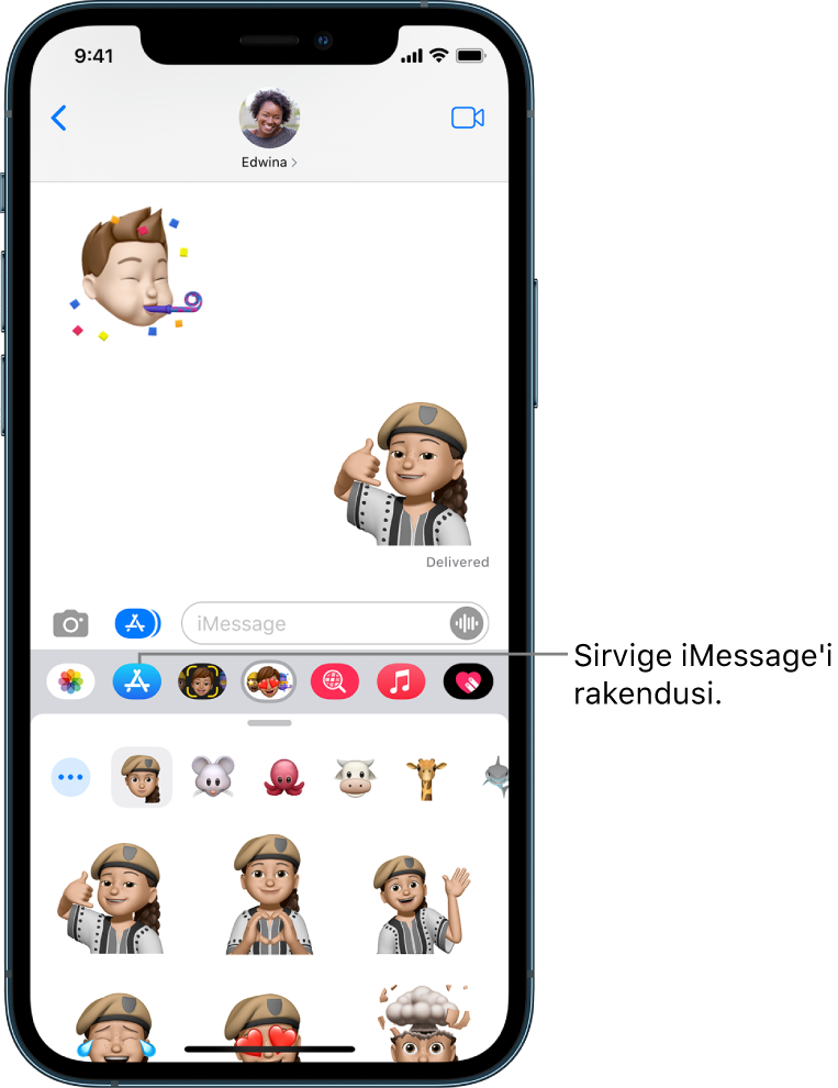 Rakenduse Messages vestlus, kus valitud on nupp iMessage App Browser. Avatud rakenduse sahtlis kuvatakse smailide kleebiseid.
