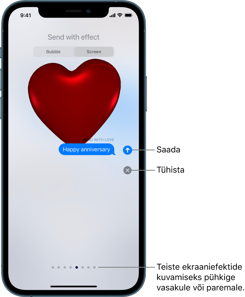 Sõnumi eelvaade, mis kuvab täisekraani efekti koos punase südamega.