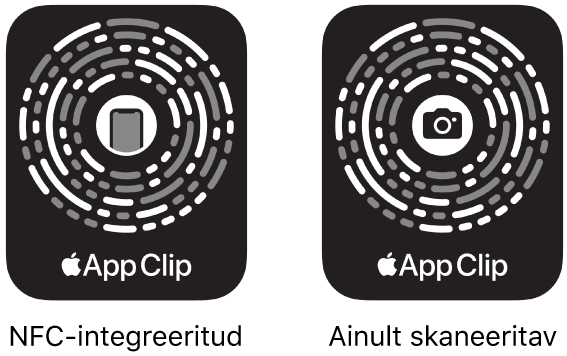 Vasakul on NFC-põhine App Clip Code, mille keskel on iPhone'i ikoon. Paremal on ainult skaneeritav App Clip Code, mille keskel on kaameraikoon.