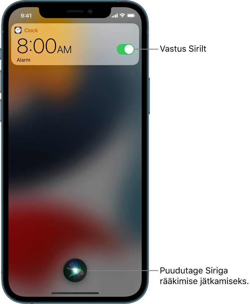 Siri Lock Screen-kuvas. Märguanne rakenduselt Clock näitab, et äratus on lülitatud sisse kella 8:00-ks hommikul. All keskel kuvatavat nuppu saab kasutada Siriga rääkimise jätkamiseks.