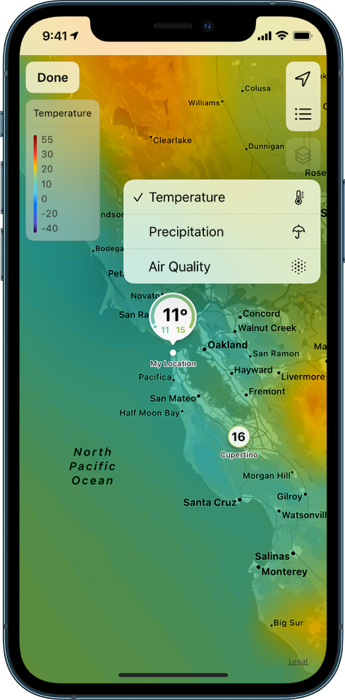 Ümbritseva piirkonna temperatuurikaart täidab ekraani. Ülemises paremas nurgas on (ülevalt alla) nupud Current Location, Favorite Locations ja Overlay Menu. Valitud on nupp Overlay ning sellel kuvatakse valikuid ekraanikuva vahetamiseks ning temperatuuri, sademete või õhukvaliteedi kuvamiseks. Ülemises vasakus nurgas on nupp Done.