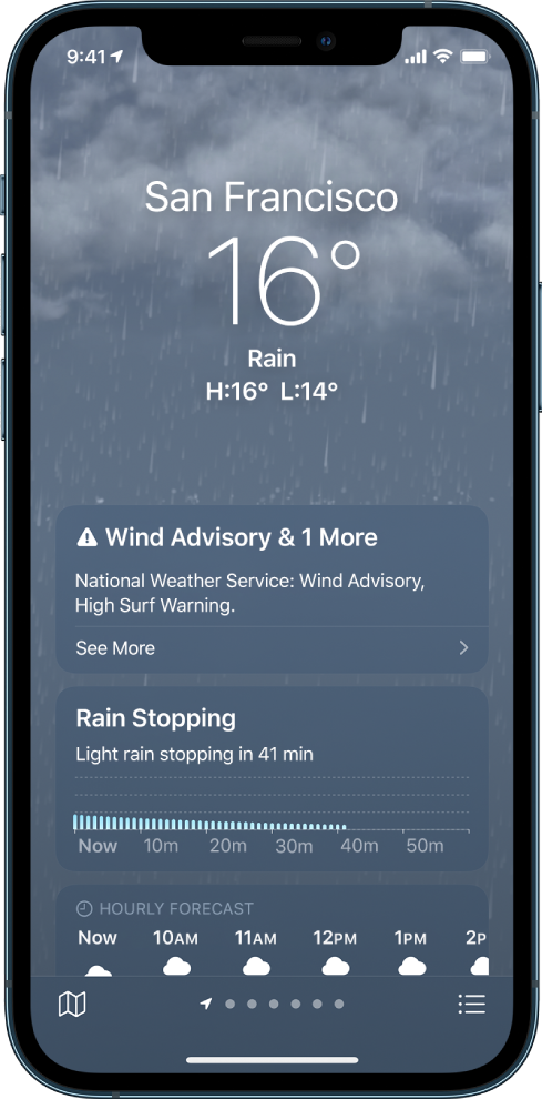 Rakenduse Weather kuvas on ülaosas asukoht ning hetketemperatuur ja ilmatingimused, milleks on Rain. Selle all on tabel järgmise tunni sademete määraga kümneminutilise sammuga. Selle all on tunnipõhine ennustus ning sademete kaart. Alumises paremas nurgas on nupp Location List ning alumises vasakus nurgas on nupp Show Map.
