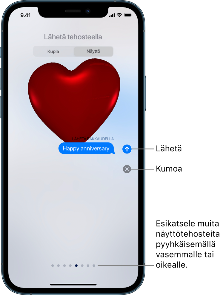 Viestin esikatselu, jossa näkyy koko näytön tehoste, jossa on punainen sydän.