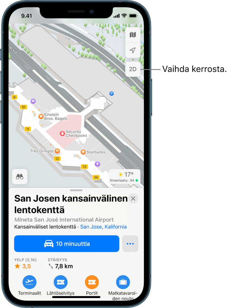 Sisätilojen kartta lentokentän terminaalista. Kartassa näkyvät yritykset ja lähtöportit.